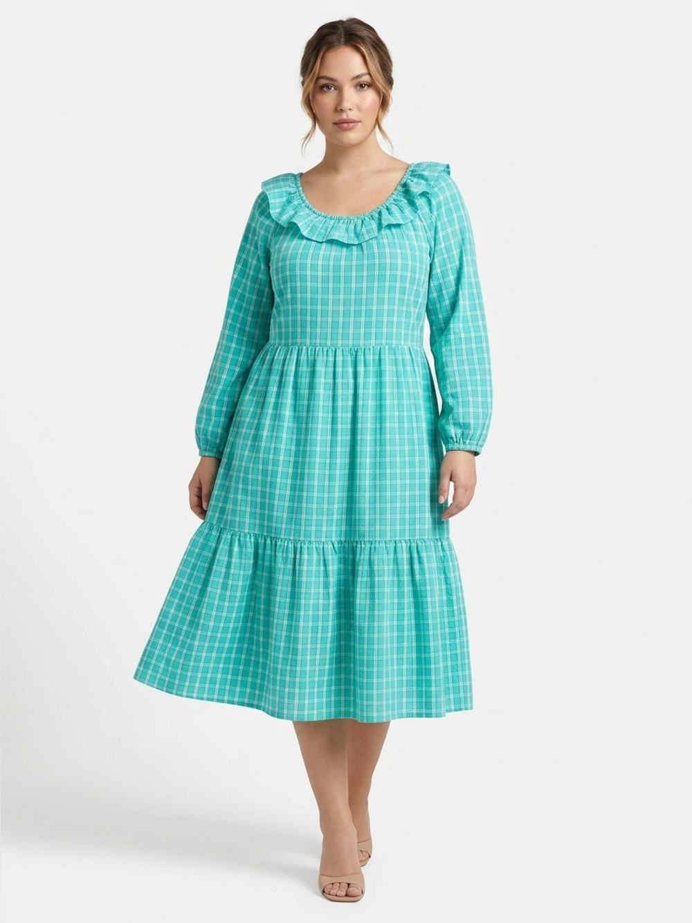 J. Crew Turquoise Green Plaid Ruffled Tiered Long Sleeve babydoll dress Sz 12